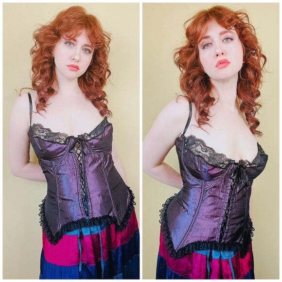 1990s Vintage Volup Purple Taffeta Bustier / 90s Ruffled Goth 42 / XL - XXL - Picture 1 of 7
